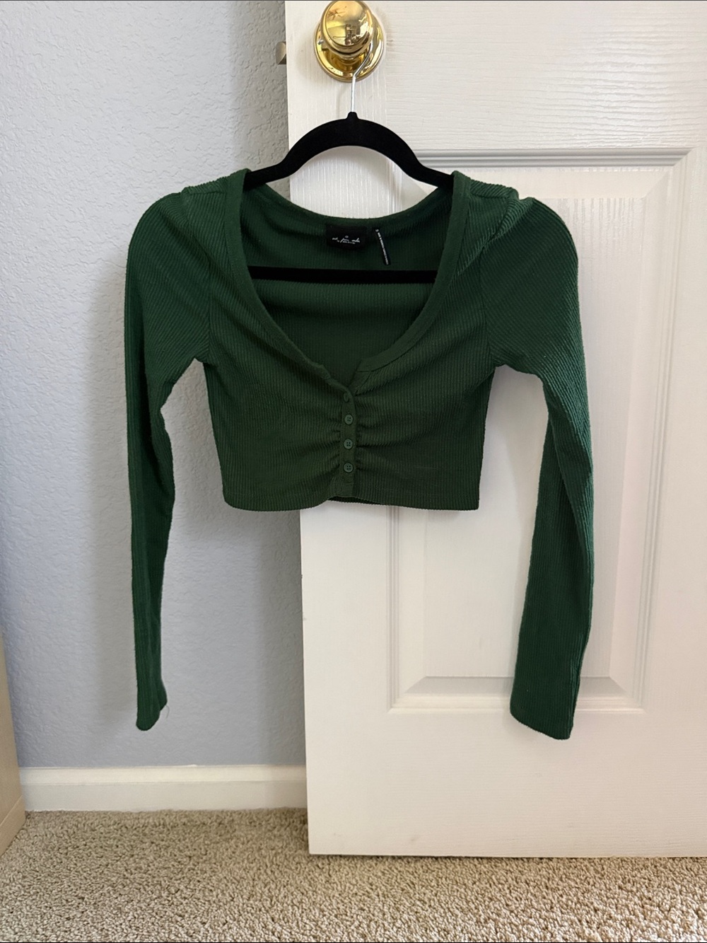 Urban Outfitters Green Ribbed Button-Front Long Sleeve Crop Top